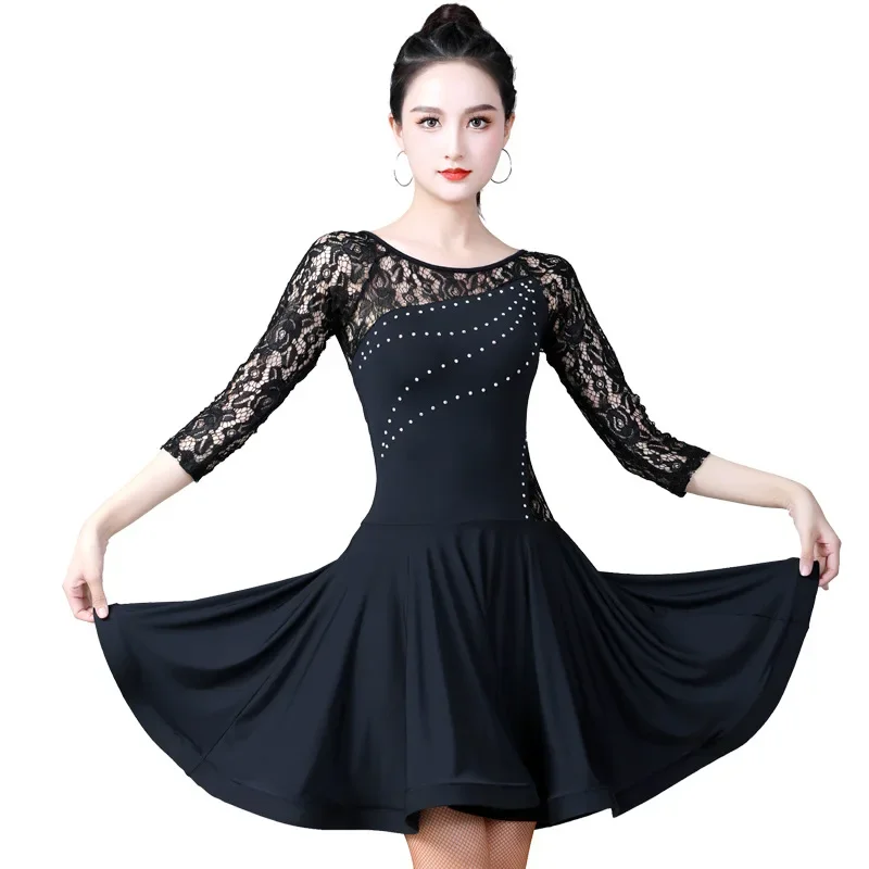 Robe mi-longue en dentelle pour femme, manches en tango cha et ylène, mode latine, noir