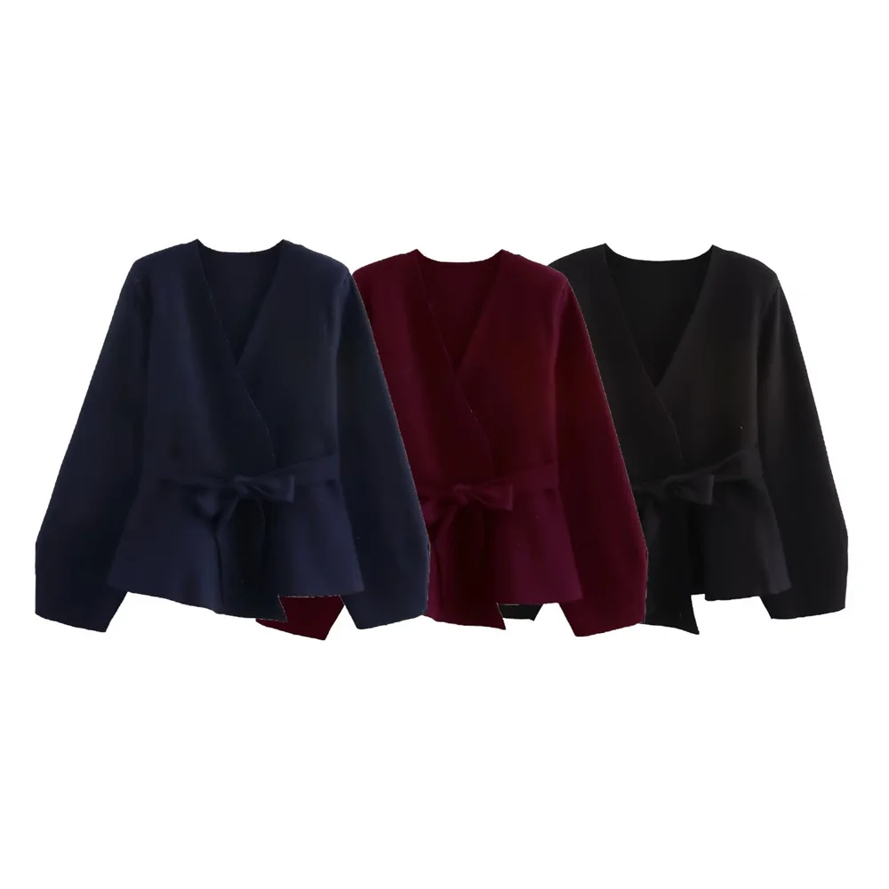 

women's winter clothing new product solid color V-neck with belt cushion shoulder accessories knitted suit jacket