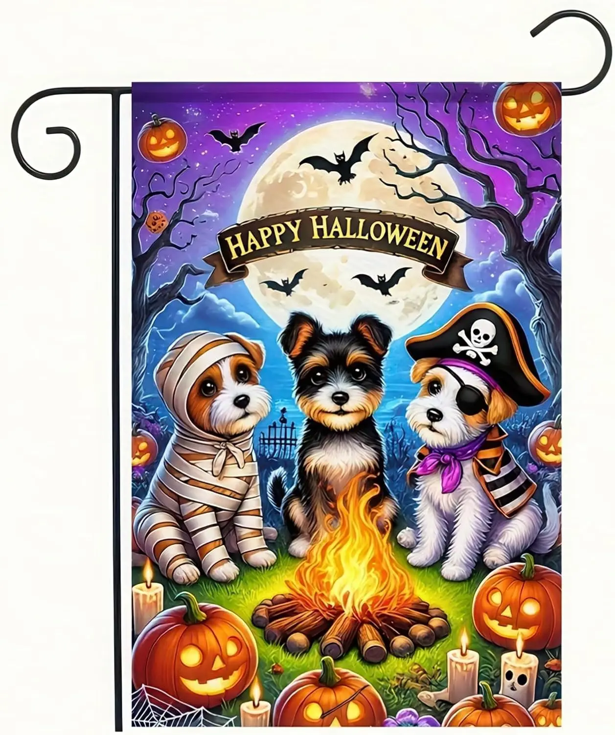 Happy Halloween Garden Flag Double Sided 12x18 Flag With Cute Dogs In Piratedogs Mummy Pirate Campfire Jack-O-Lanterns Full Moon