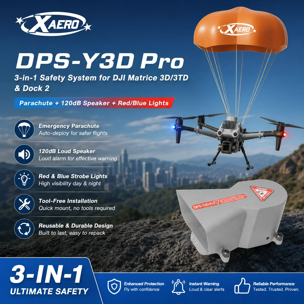 XAERO DPS-Y3D Pro 3-in-1 Safety System for DJI Matrice 3D/3TD/Dock 2 Parachute+120dB Speaker+Red/Blue Lights Tool-Free Reusable