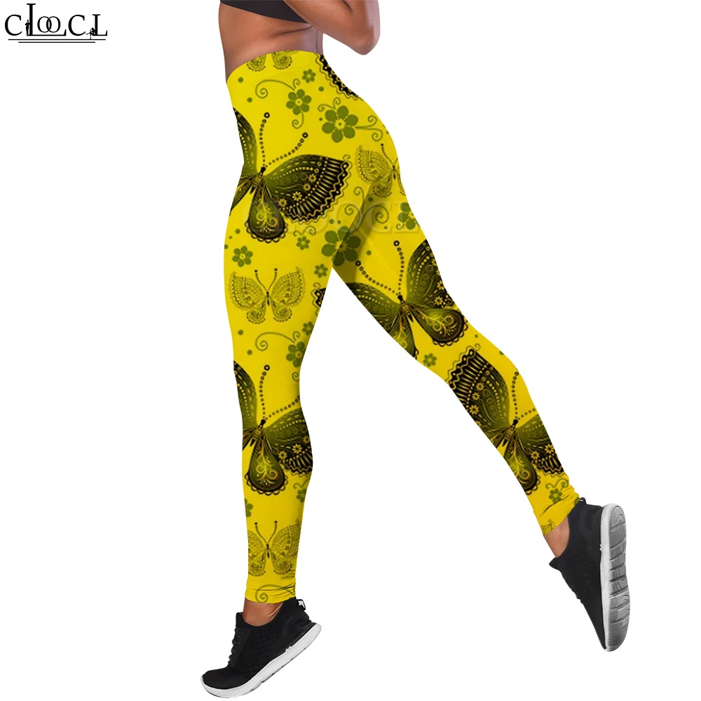 CLOOCL New Casual Elegant Women Yellow Legging Butterfly Pattern 3D Printed Trousers for Female Gym Workout Stretch Yoga Pants