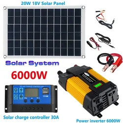 12V to 110V/220V Solar Panel System 20W Solar Panel 30A Controller 6000W Modified Sine Inverter Power Generation Kit for Outdoor