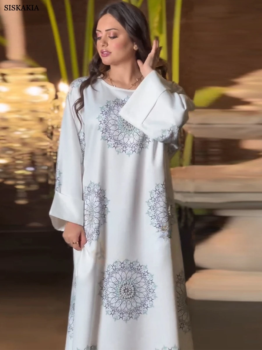 Siskakia moda cekiny diamenty z długim rękawem O-Neck islamska sukienka muzułmańska Kebaya kobiety Kaftan na co dzień luźna szata Musulmane Femme