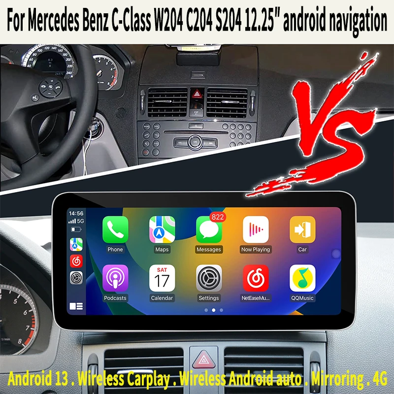 For Mercedes C Class W204 NTG 4.0 Apple CarPlay Wireless Android Auto Mirroring Full Screen To 10.25 inch Android Screen Navigat
