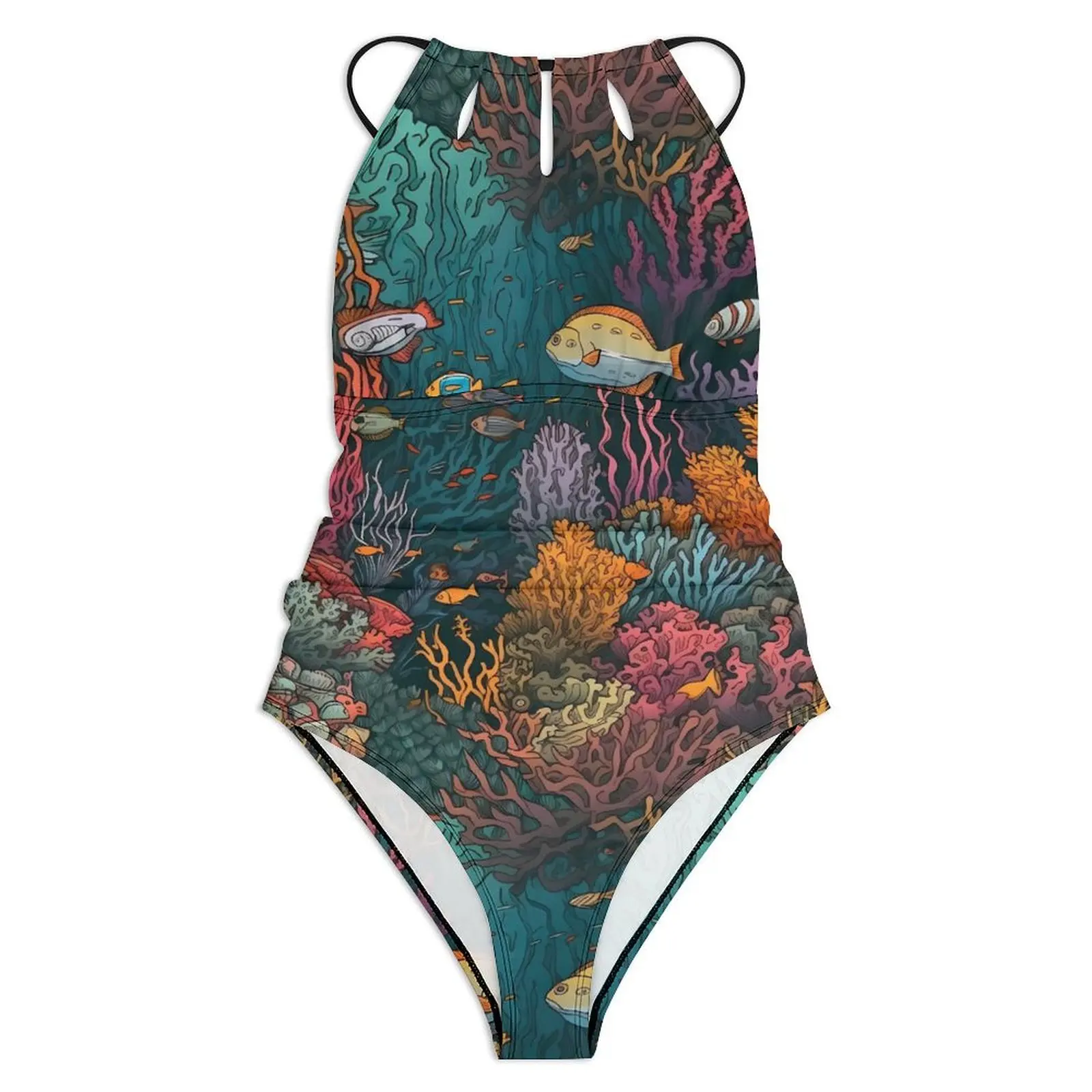 Tropical Marine Swimsuit Coral Reef Print Push Up Swimwear One Piece Beach Monokini Swimsuits Graphic Beach Outfits Plus Size