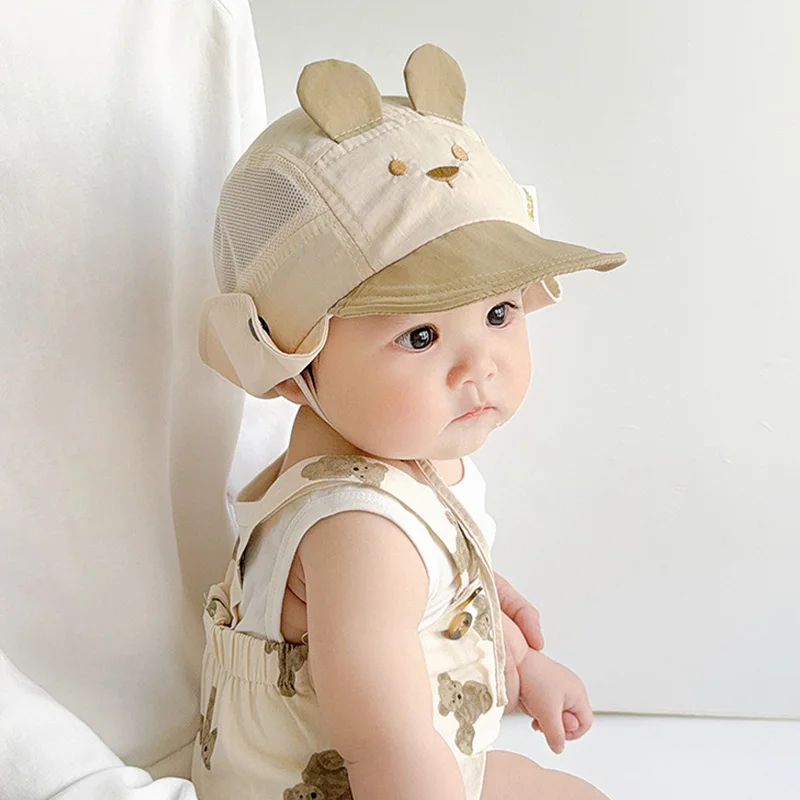 Boys Girls Neck Protection Kids Panama Hat Breathable Summer Baby Hat Cartoon Bear Ear Embroidery Quick Dry Fisherman Hats view 2