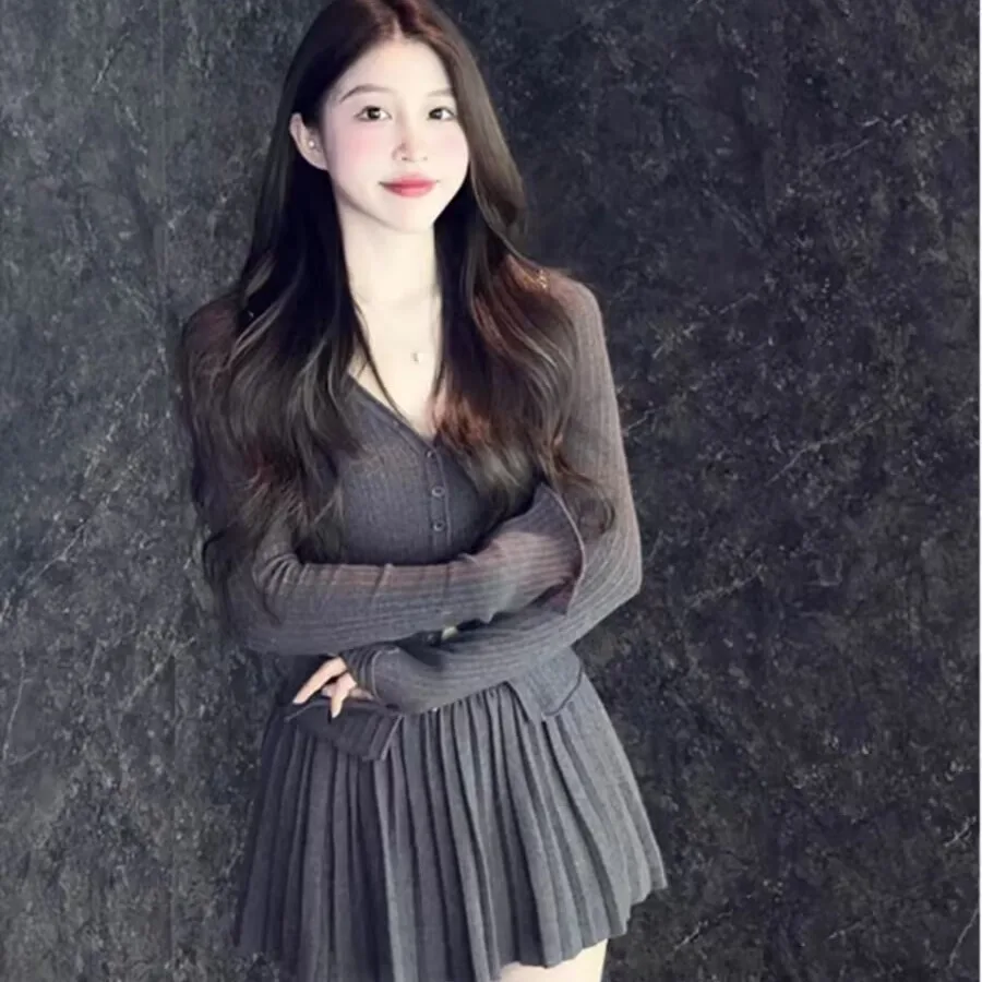 

Women Sweater Matching Loose Knitted Tops And Pleated Skirt Two Piece Set Autumn Winter Knit Solid Casual Female Outfits