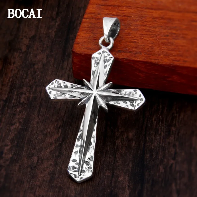 

BOCAI New S925 Sterling Silver Vintage Personality Punk Irregular Concave Face Hexagram Cross Pendant Male and Female