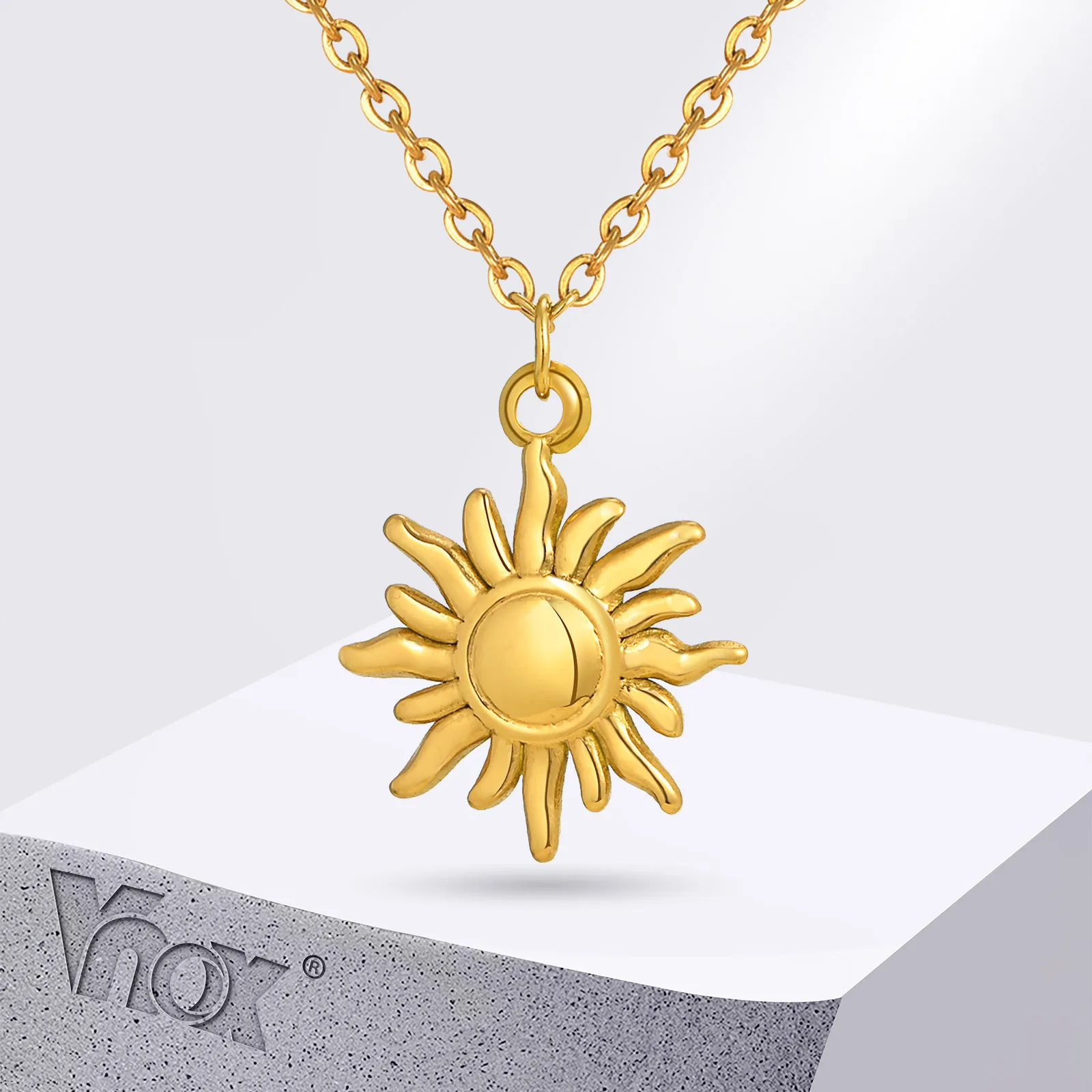 Vnox colar de girassol brilhante banhado a ouro para mulheres, joias estéticas de aço inoxidável, colar pendente de sol da moda, presente para meninas