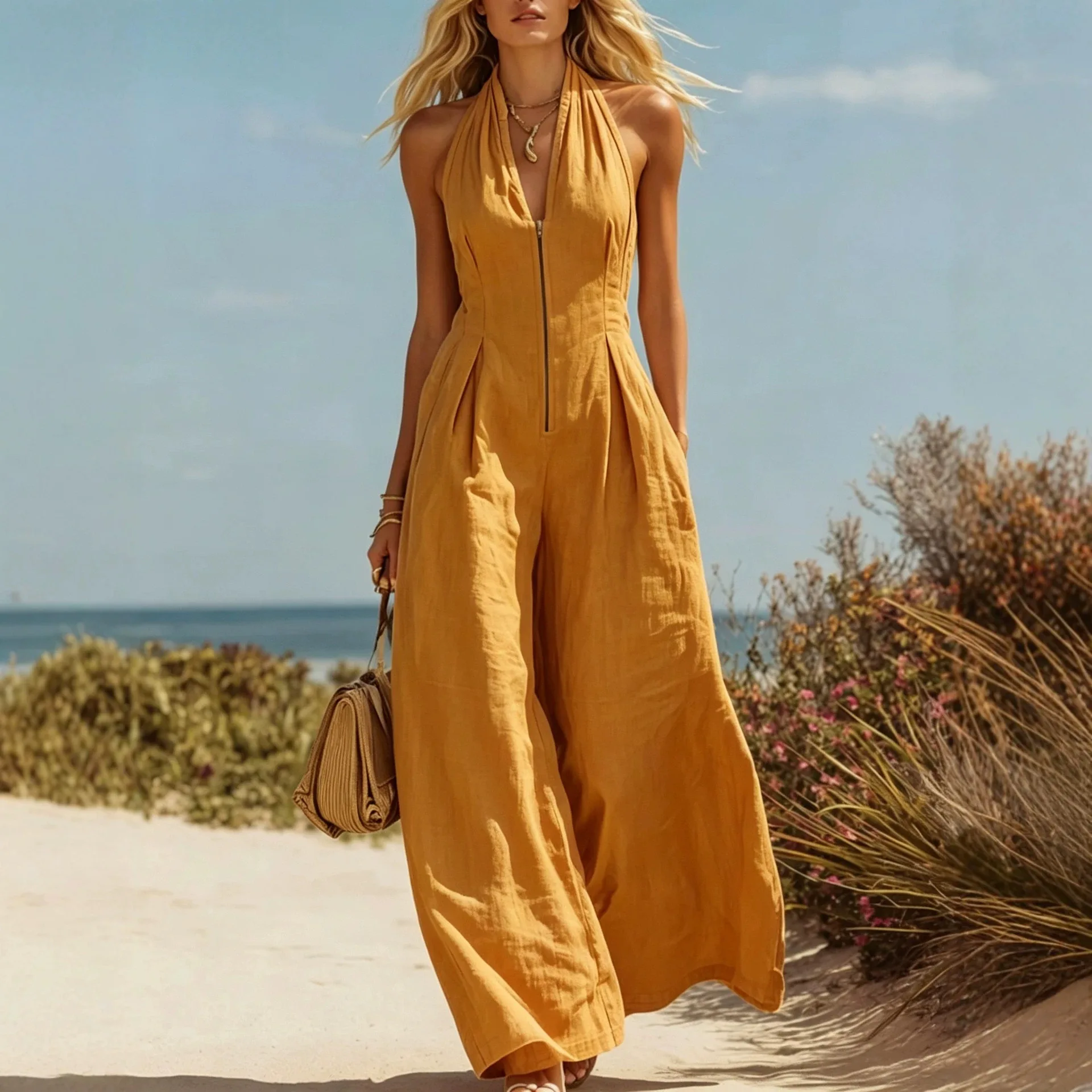 2026 Women Summer Zipper Jumpsuit Neck-mounted Off-shoulder Rompers Female Wide Legs Trousers Sleeveless One Piece Overalls