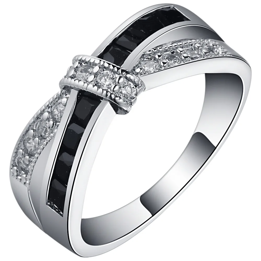 Infinity Lovers Black Zircon Ring White Gold Wedding Band Rings for Women Bridal Engagement Promise Party Jewelry Gift