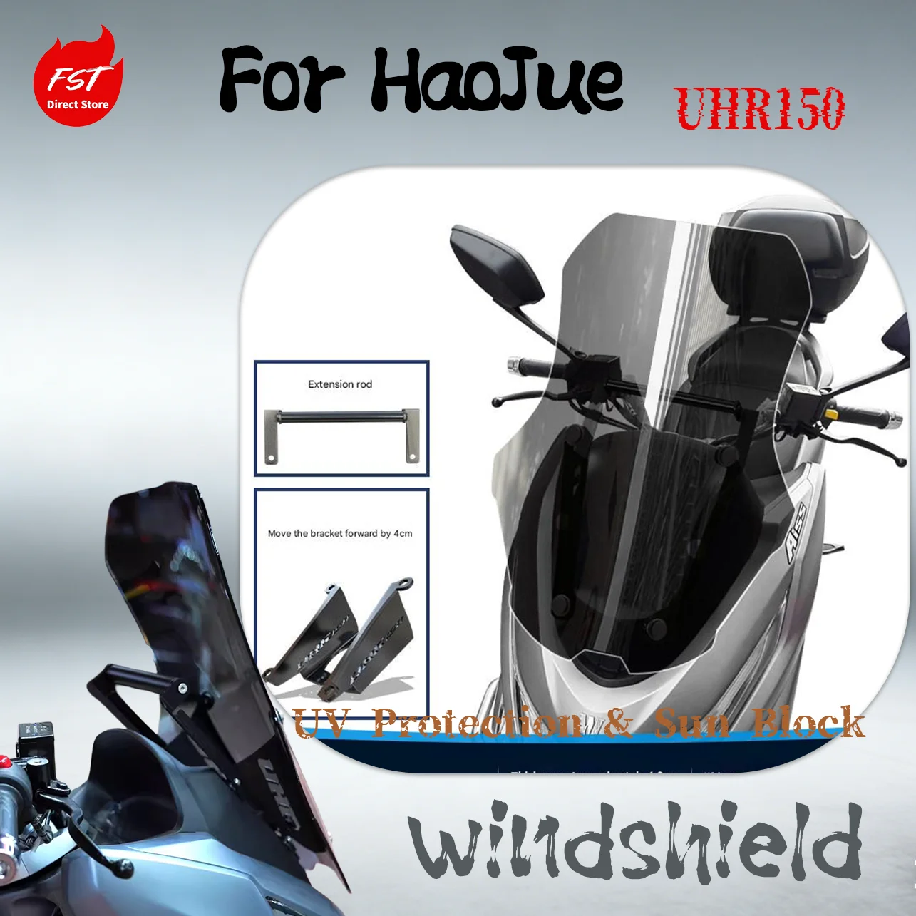 Dedicated Tall Windshield for Haojue UHR150, Forward Mount Design, Scooter Touring Accessory