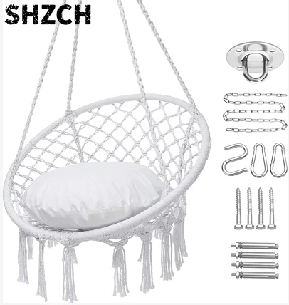 Подвесное кресло-гамак Woqi Outdoor Macrame белого цвета круглой формы для сада, веранды