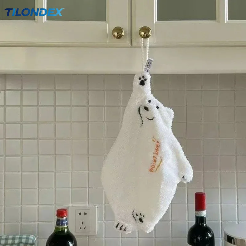 TILONDEX Polar Bear Hand Wiping Towel Super Absorbent Hanging Kitchen Towel Coral Design Thick Cartoon Hand Towel
