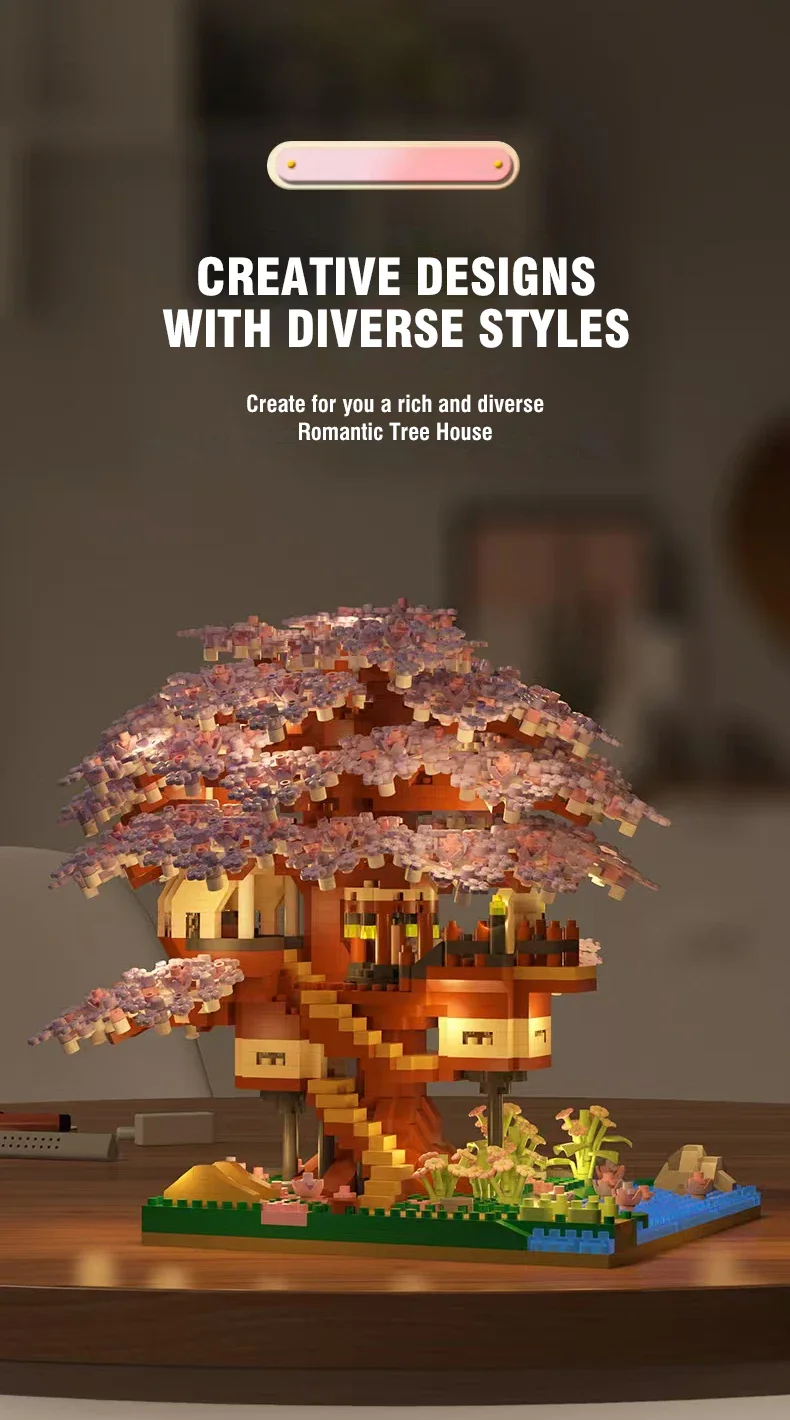 DIY Romantic Peach Flower Tree House Microparticle Building Blocks Simulated Building Assembly Model Toys For Kids Gifts