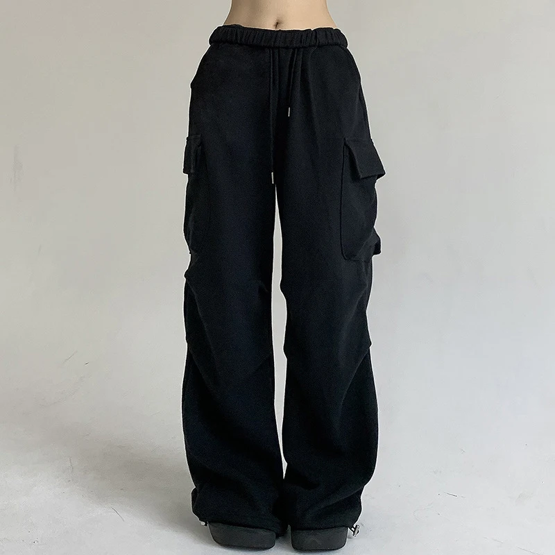 Casual Solid Cargo Pants Women All Match Drawstring Elastic Wide Leg Pockets Female Straight Sweatpants Sport Loose Long Trouser