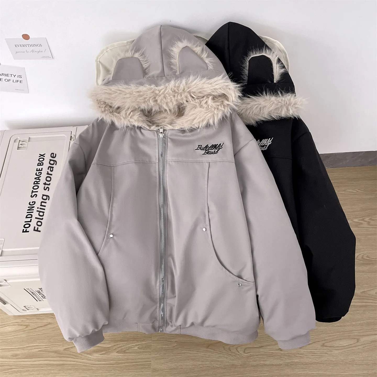 

Thiened Cotton Jaet with Fur Collar for Men And Women Ear Mountain Eagle Sle Winter Warm Couple Coat