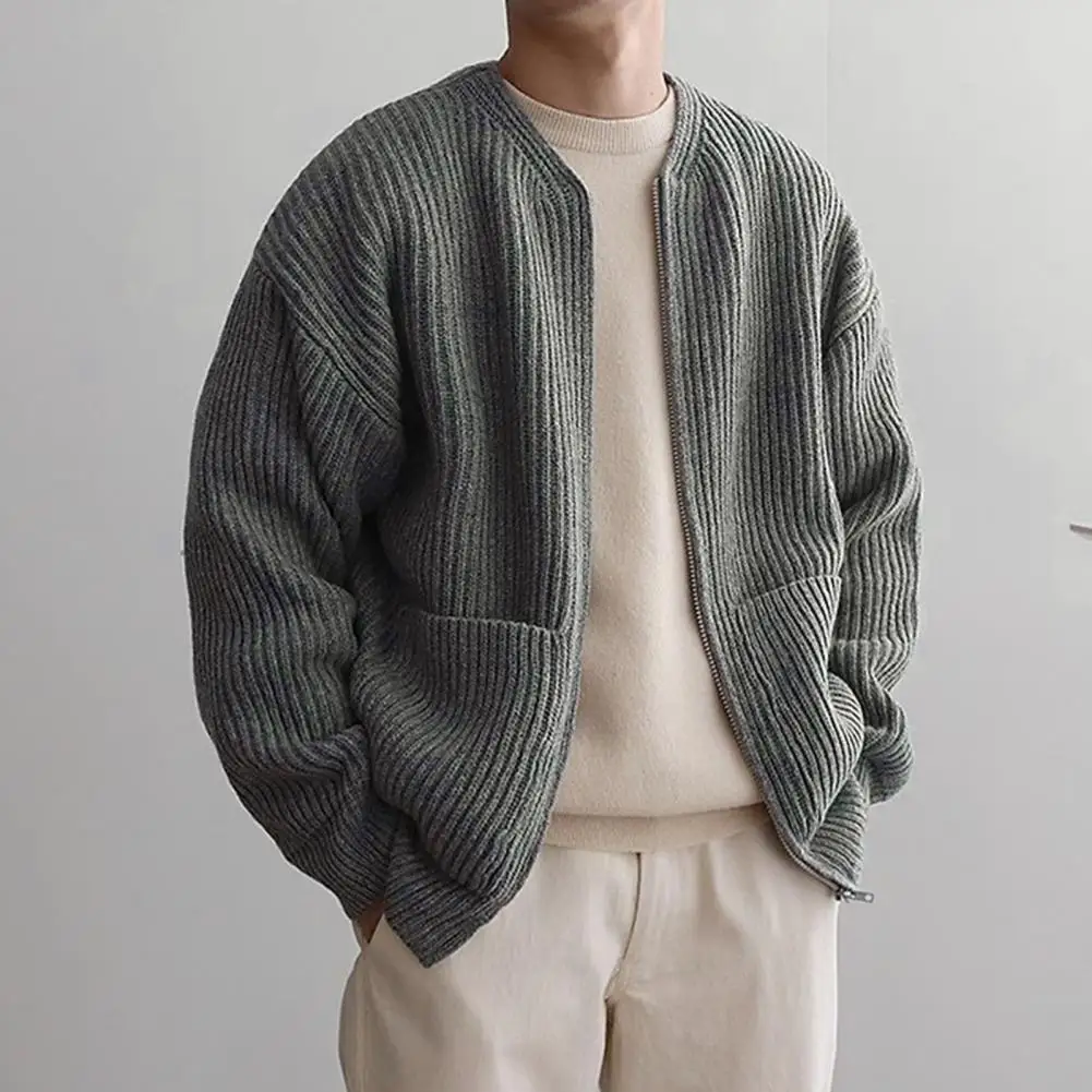 Knit Cardigan Men's Collarless Knitted Cardigan Coat with Zipper Placket Pockets Autumn Winter Solid Color Outwear for Male