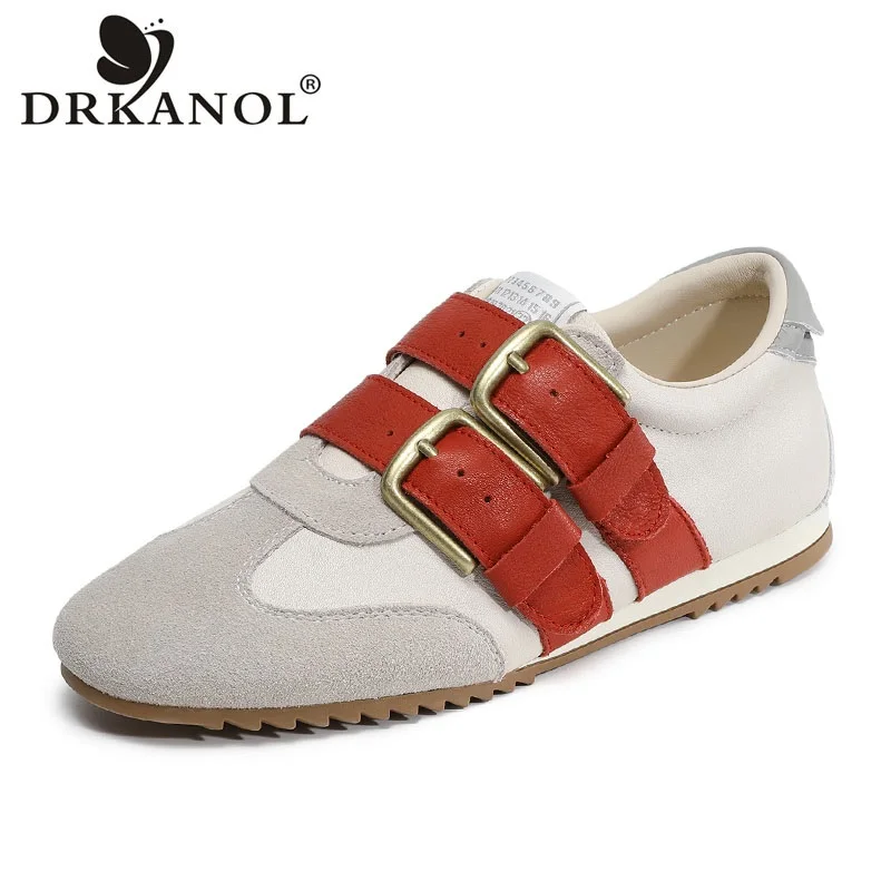 DRKANOL Women Genuine Leather Flat Shoes New Design Retro Style Mixed Colors Soft Comfort Trend Casual Forrest Gump Shoes Ladies