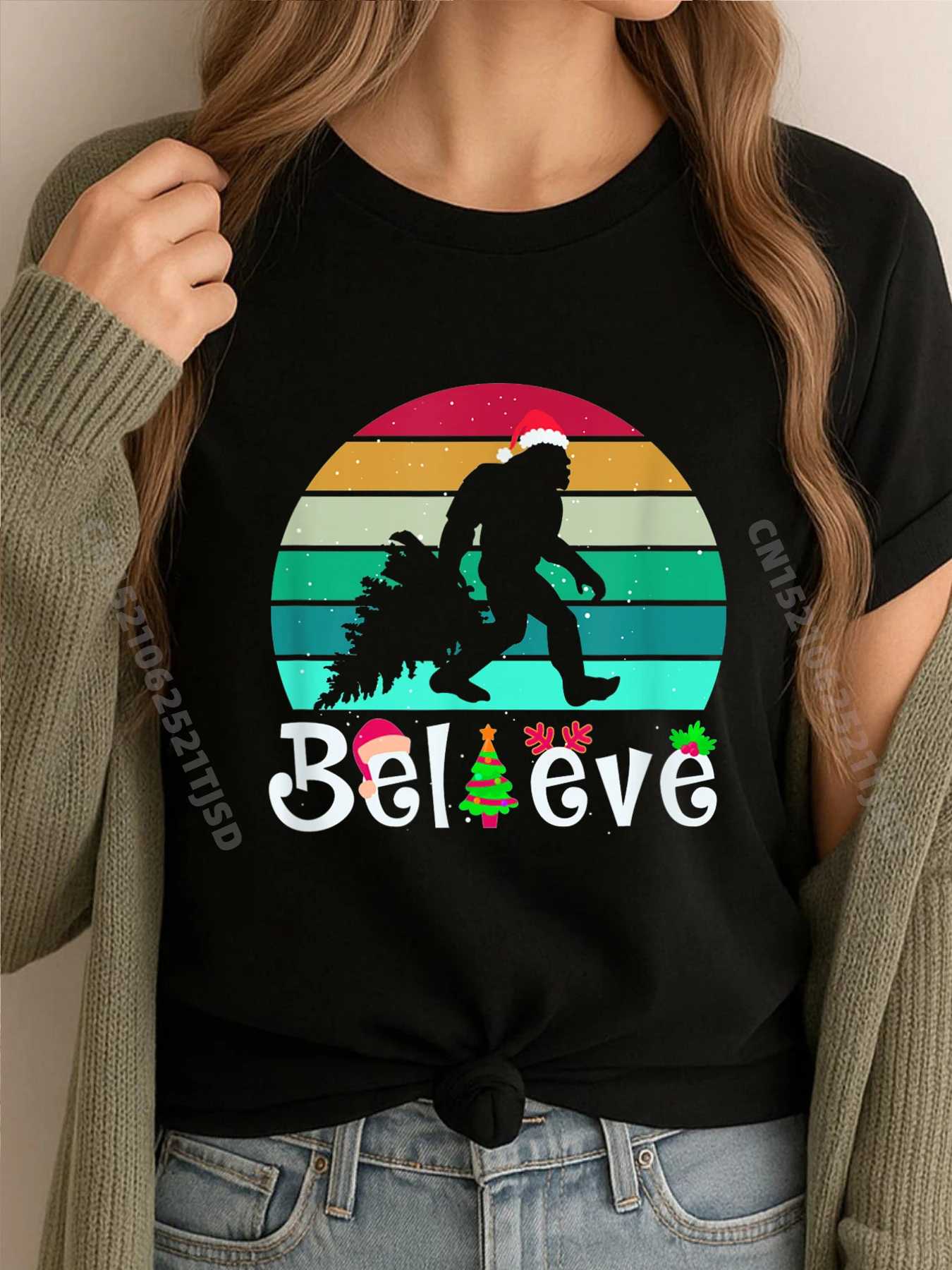 

Bigfoot Rock Roll Sasquatch Christmas Believe Graphic T Shirts Breathable Luxury Clothes Woman