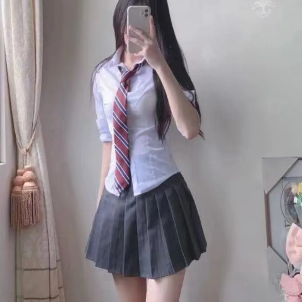 European and American Style Japanese Girl Sexy Collect Waist Spring Grey Shirt JK High School Uniform Class Students Blouse Top