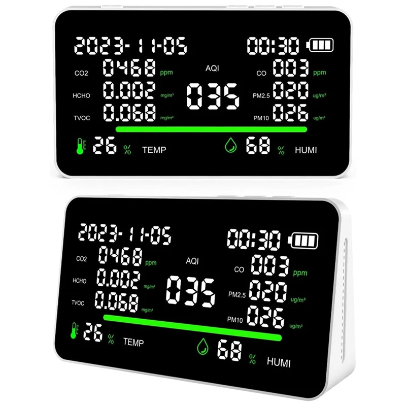 Portátil Inteligente Monóxido De Carbono Detector, Monitor de Qualidade do Ar Set, 11in 1, Indoor CO2, VOC, AQI, PM2.5, Termômetro, Umidade