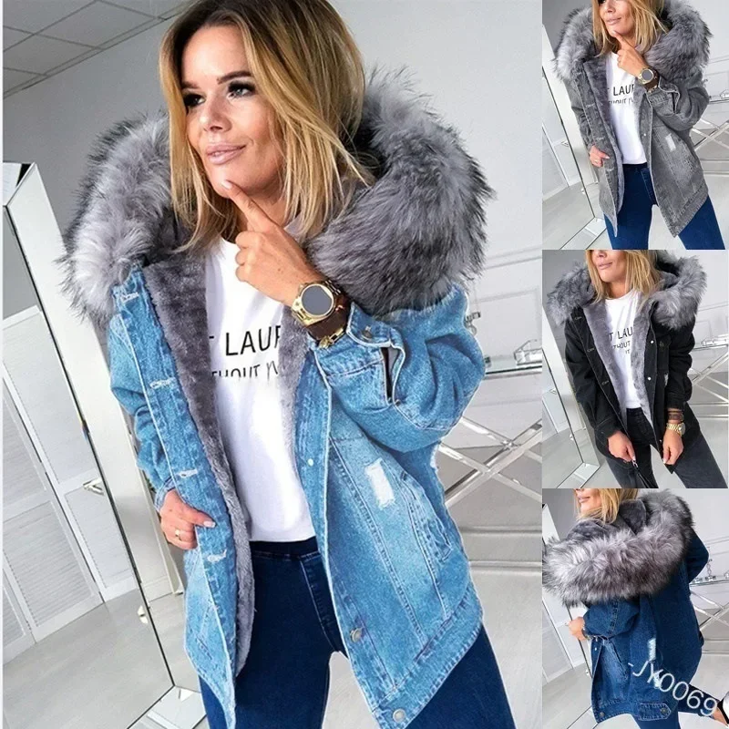 Women Fashion Long Sleeve Denim Jacket Faux Fur Collar Hooded Coat Autumn Winter Warm Thicken Wool Lining Denim Coat Outerwear