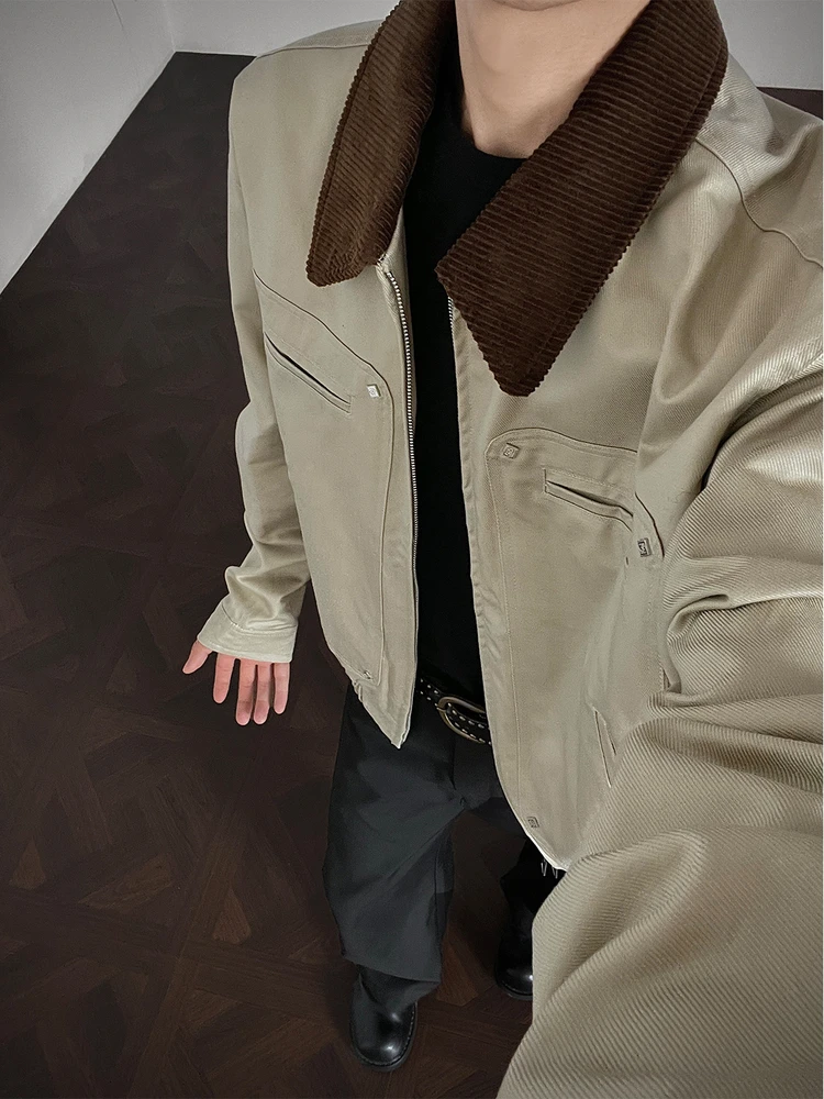 

Мужская осенняя куртка Detroit Corduroy Patchwork Work Jaet в стиле Old Money с воротником, повседневная, в бейсбольном стиле, свободного кроя, из полиэстера