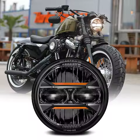 Motorcycle 5.75 Inch LED Headlight Projector Angel Eyes H4 5 3/4" Headlamp DRL Turn Signal For Harley Sportster Dyna Iron 883