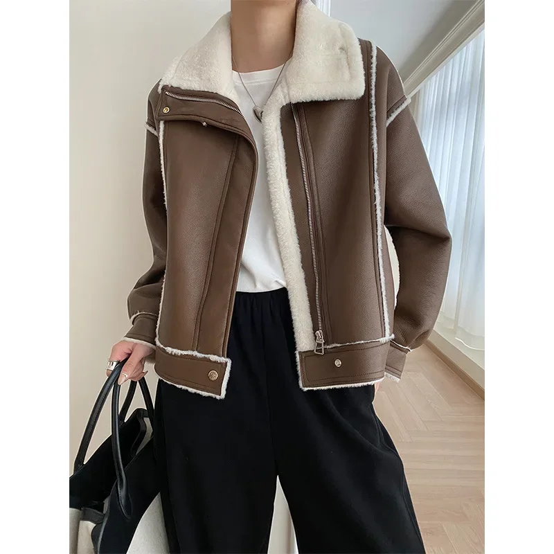 

Motorcycle Double Faced Fur Parka Coat Female Casual Fashion Warm Loose Basic Long Sleeve Faux Fur Bomber Jacket Women's Jacket