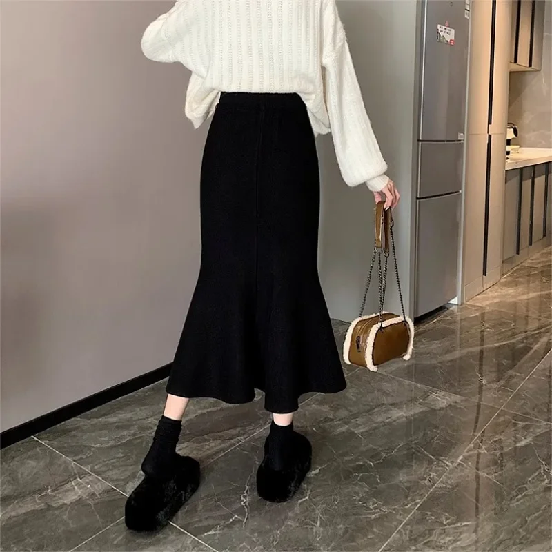 Zwarte Midi Rokken Vrouwen Herfst Winter Gebreide Zachte Faldas Fishtail Temper All-Match Streetwear Mode Koreaanse Stijl Elegant