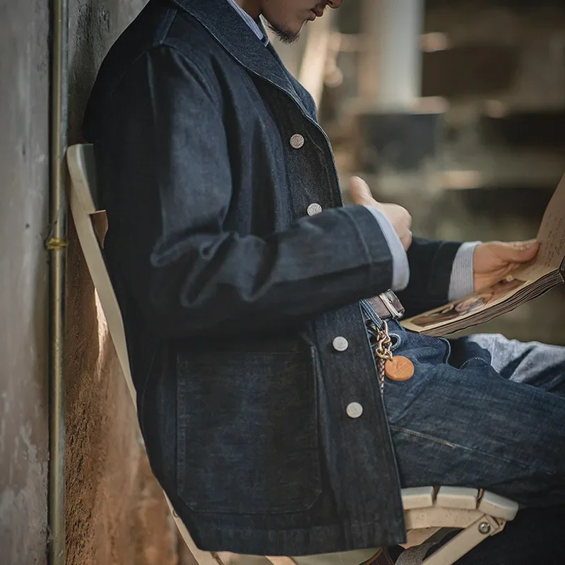 Veste en jean à revers Maden 13,5 oz, multi-poches, style vintage, pour homme, chemise en denim de t