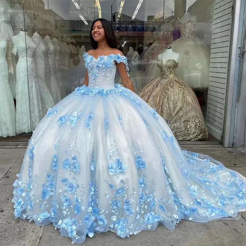 Vestido de quinceañera azul cielo, 3d de encaje vestido de baile, apliques de tul sin hombros, vestido de noche de desfile de cumpleaños de princesa dulce 16 niñas