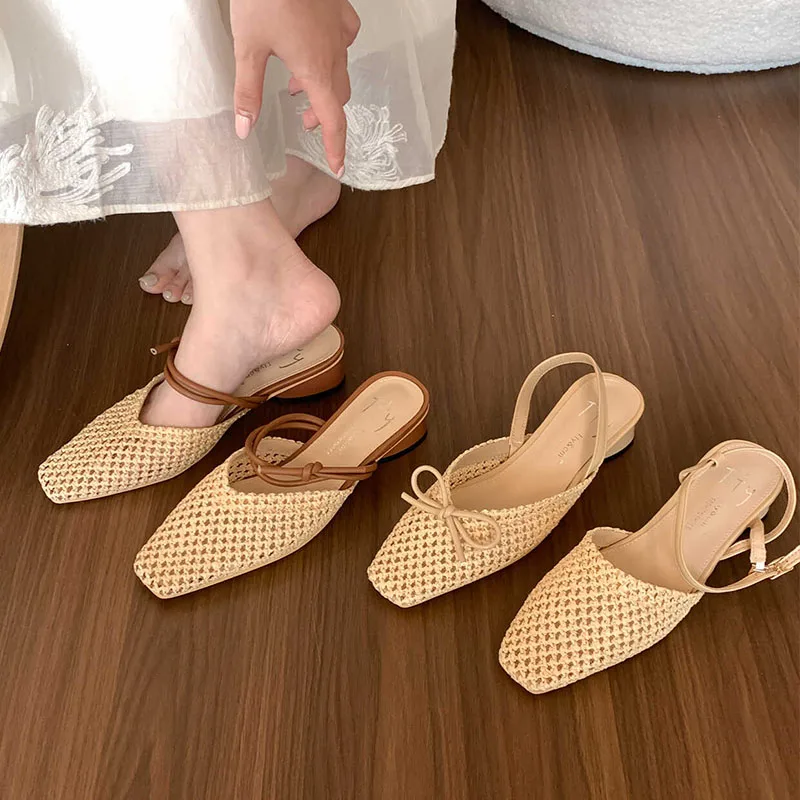 2024 Mesh Summer New Women Slip On Sandals Fashion Cane Weave Ladies Mules Shoes Square Low Heel Outdoor Casual Slipper Mujer