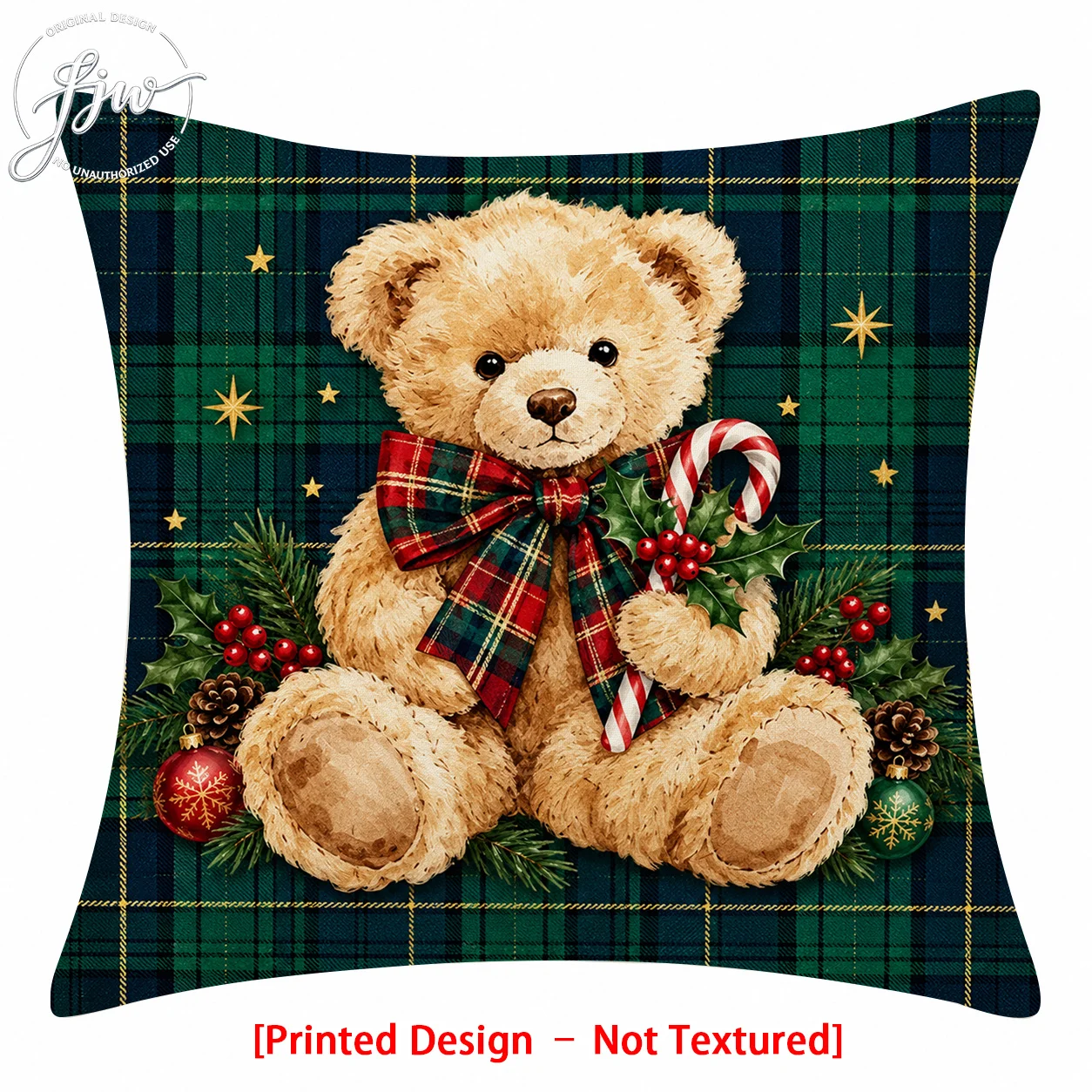 1pc Christmas Vintage Plaid Teddy Bear Pillowcase, Featuring a 2D Flat Printing Process, Is a Light-toned Decorative Pillowcase