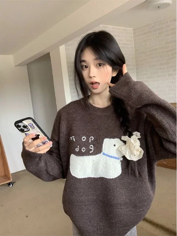 Suéter Adorable Bordado de Manga Larga para Mujer, Diseño Holgado y Cómodo, Estilo Primaveral, Suave y Acogedor, Top Informal para un Look Juvenil