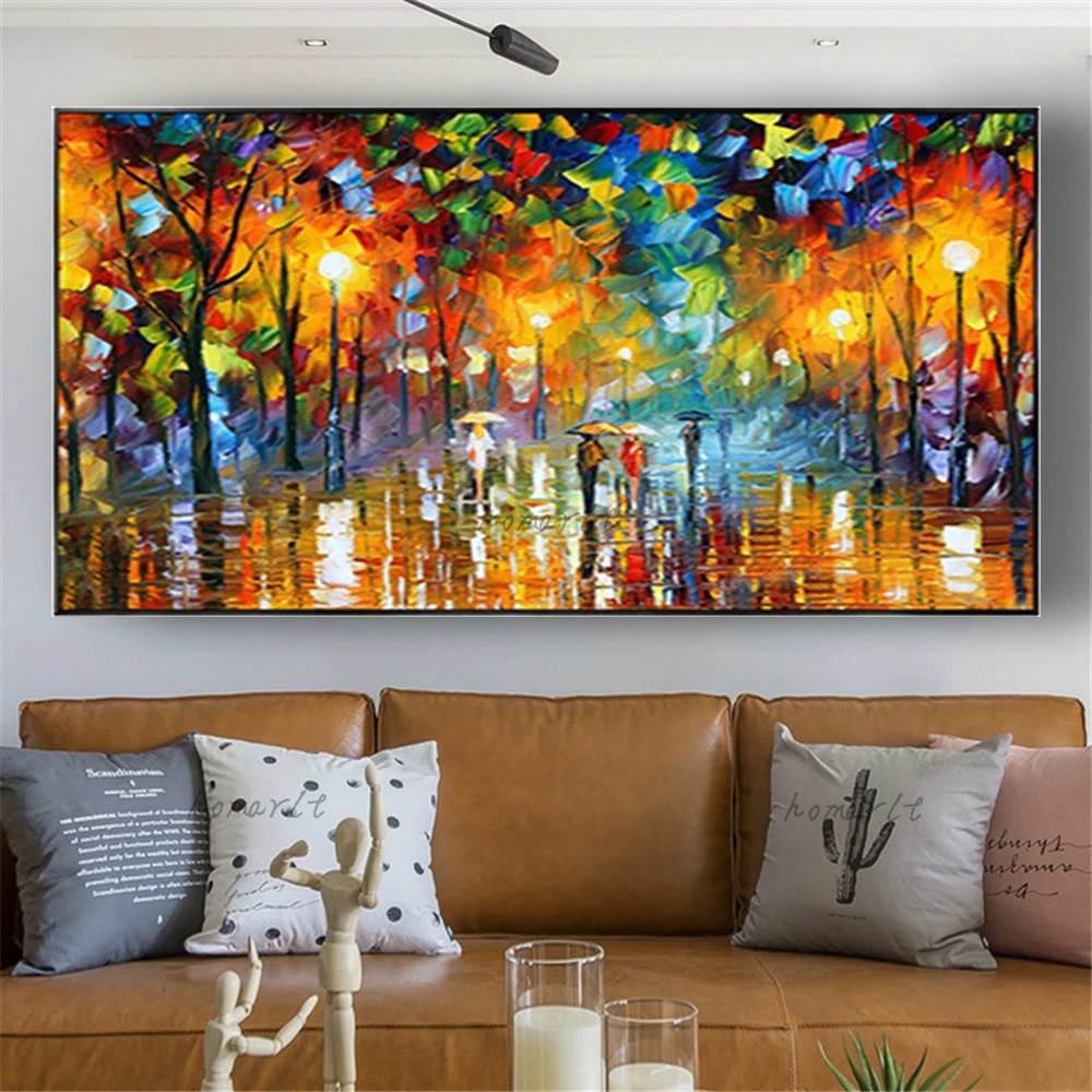 

Handmade Knife Palette Lover Rain Street Tree Lamp Landscape Oil Painting On Canvas Wall Art Picture For Living Room Home Decor