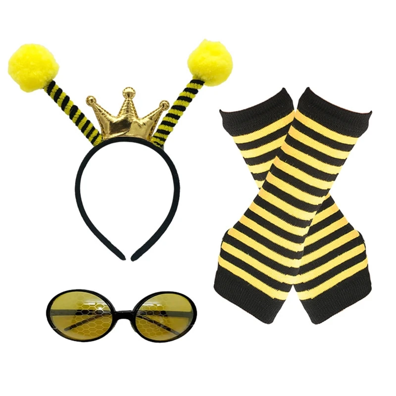 Bee Costume Set Bee Ears Tutu Skirt Oversleeve Glasses,Socks Animal Fancy Costume Kit Accessories for Halloween Cosplay