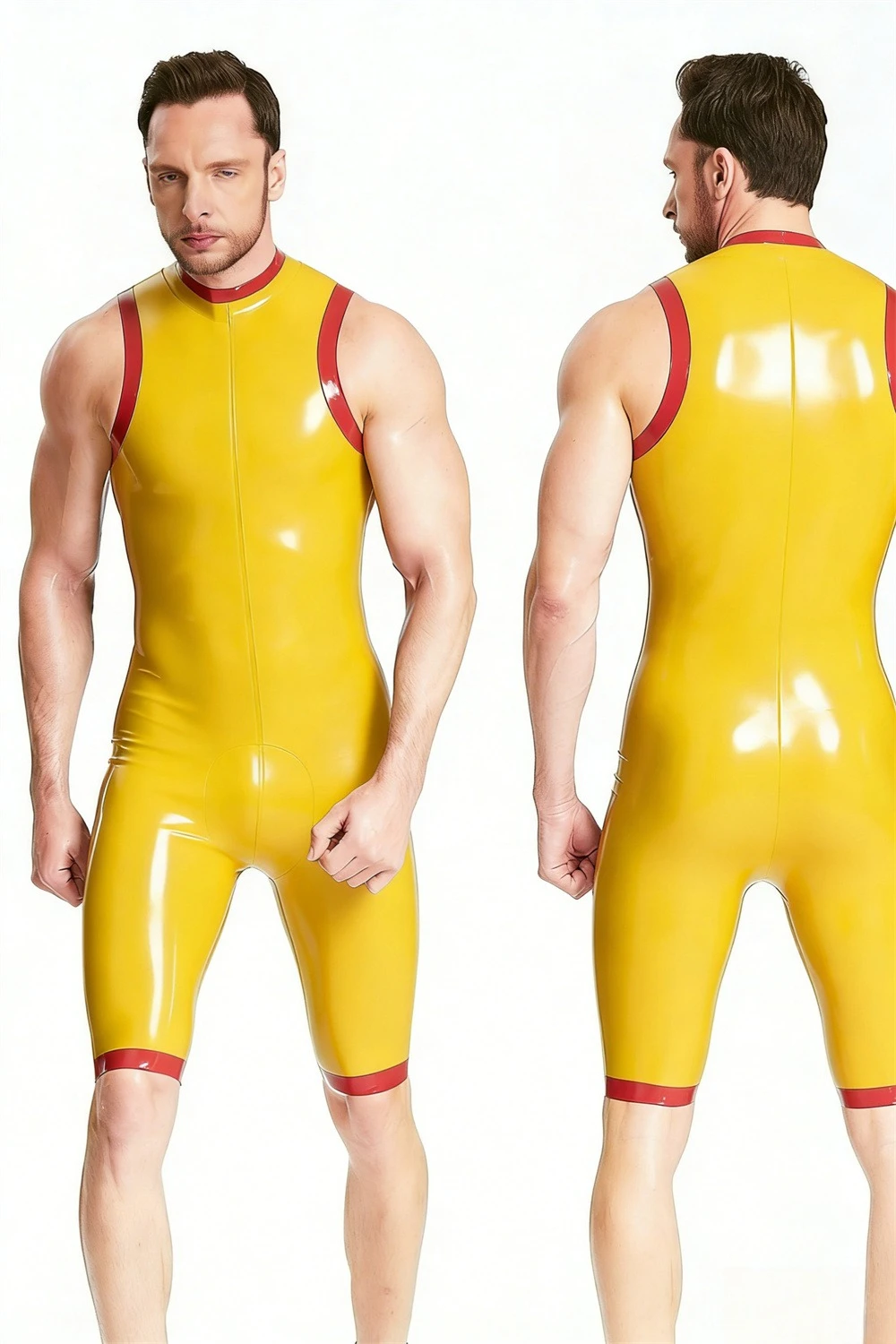 

Men Tight Fit Yellow Latex Sleeveless Short Rubber Bodysuit Red Piping Back Full Zip Catsuit customized