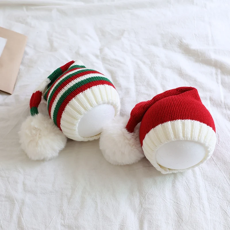 

Christmas Knitting Hat with Pompon for Kids and Adults Warm Striped Beanie Cute Party Caps Children's decorations