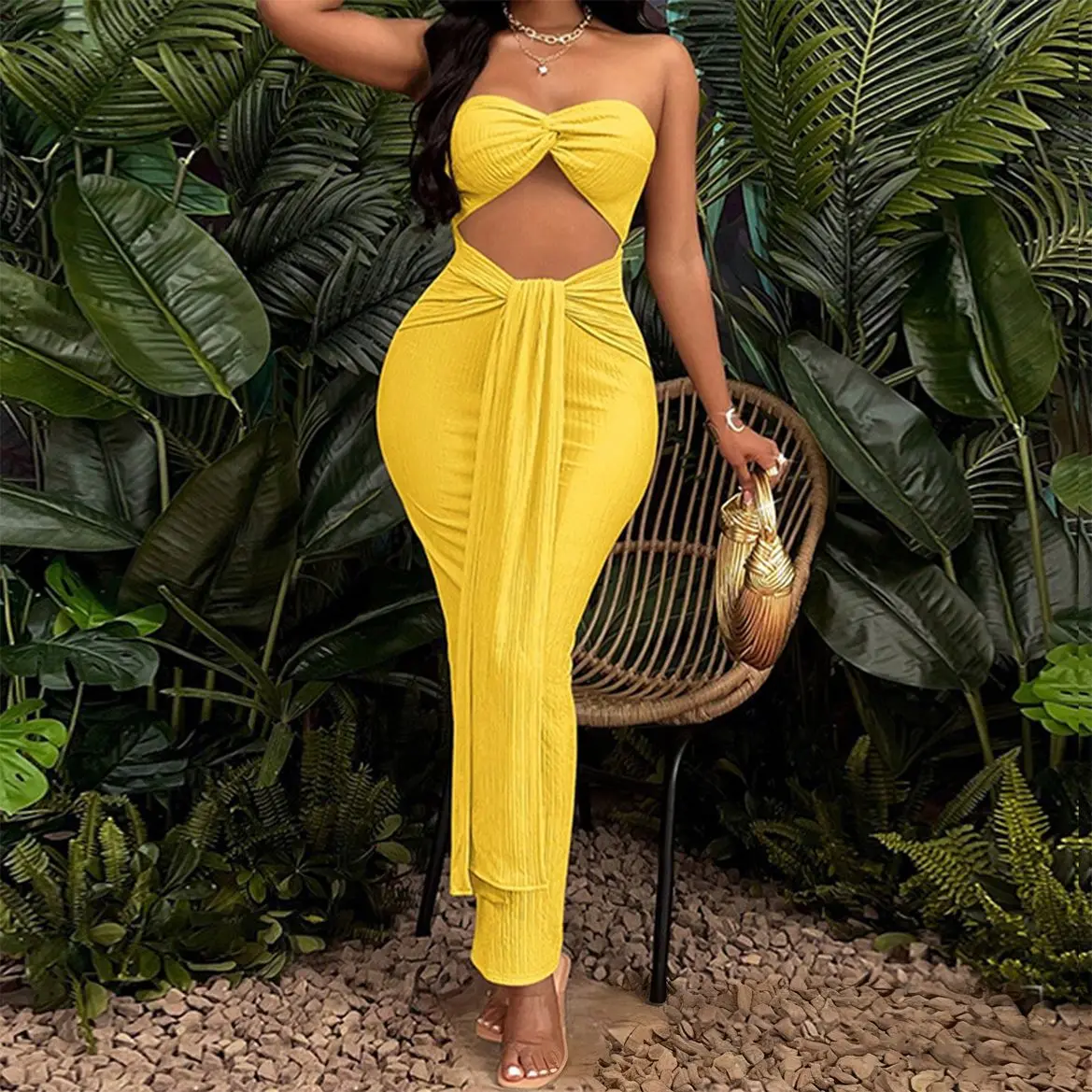 Sexy Backless Cutout Maxi Dress Solid Color High Slit Summer Sleeveless Elegant Y2K Style Women Party Dress