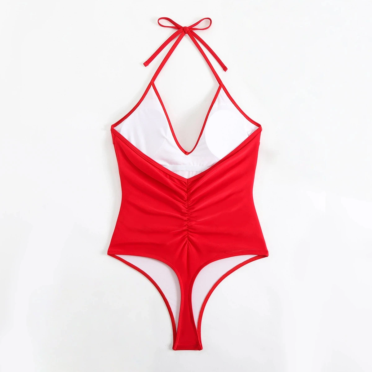 赤いセクシーなホルターネックVネックワンピース水着、ギャザー入りバックハイカット水着、ボディスーツビーチウェア、2025年夏休み