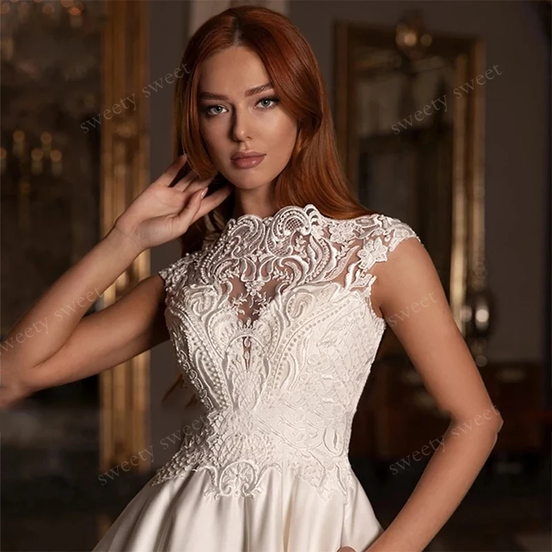 Elegant Wedding Dress Satin With Embroidery A-Line Ball Gown Sleeveless O-Neck Bride Dress Customized Button Robe MariéE Satin