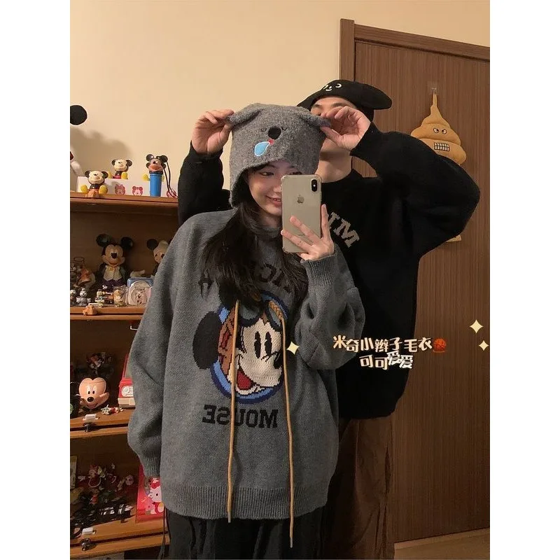 Creative New Kawaii Mickey Print Loose Round Neck Sweater Cute Disney Cartoon Autumn Casual Versatile Drawstring Y2k Sweater image 2
