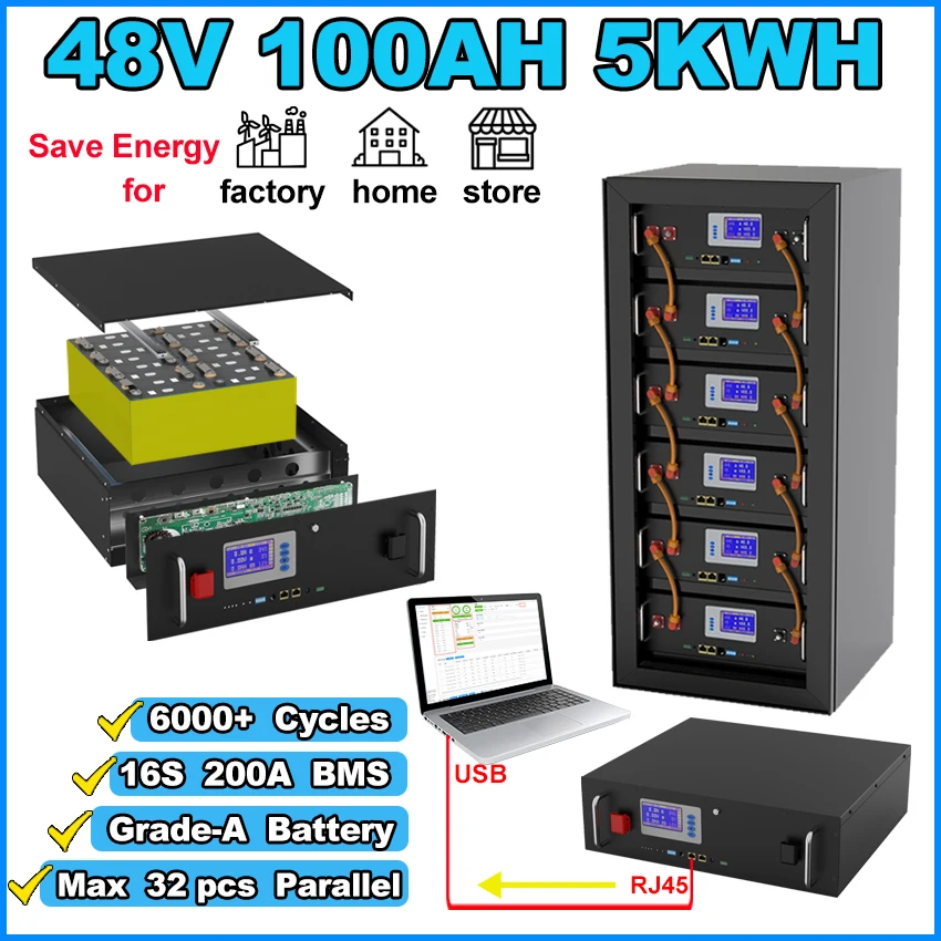 

LiFePO4 Battery 48V 100Ah 150Ah 200Ah 51.2V 5KWh 10KWh 100% Full Capacity with 16S 100A BMS Max 32 Parallel for Energy Storage