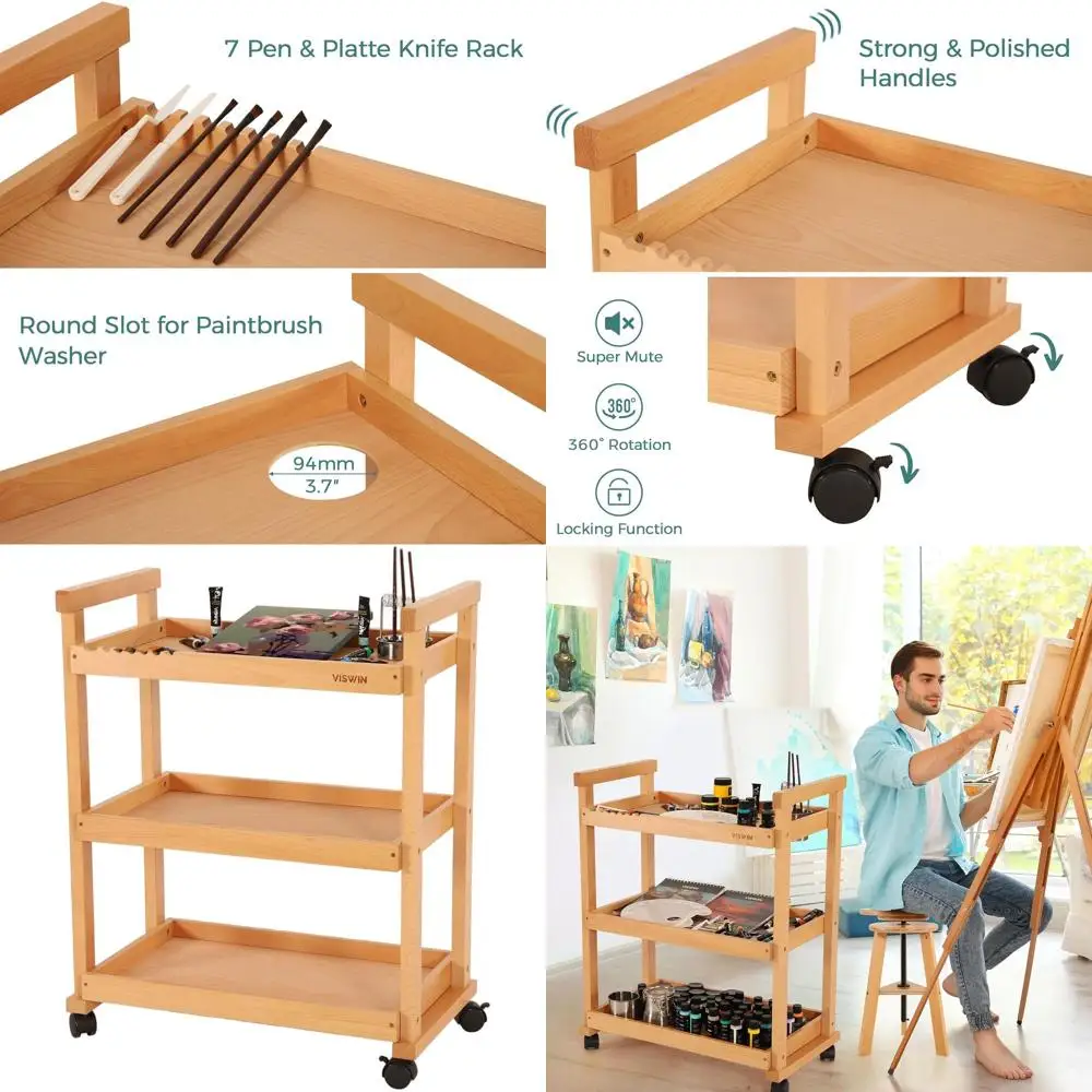 3-poziomowy wózek na kółkach z drewna bukowego do przechowywania w studio, klasie i dla artystów