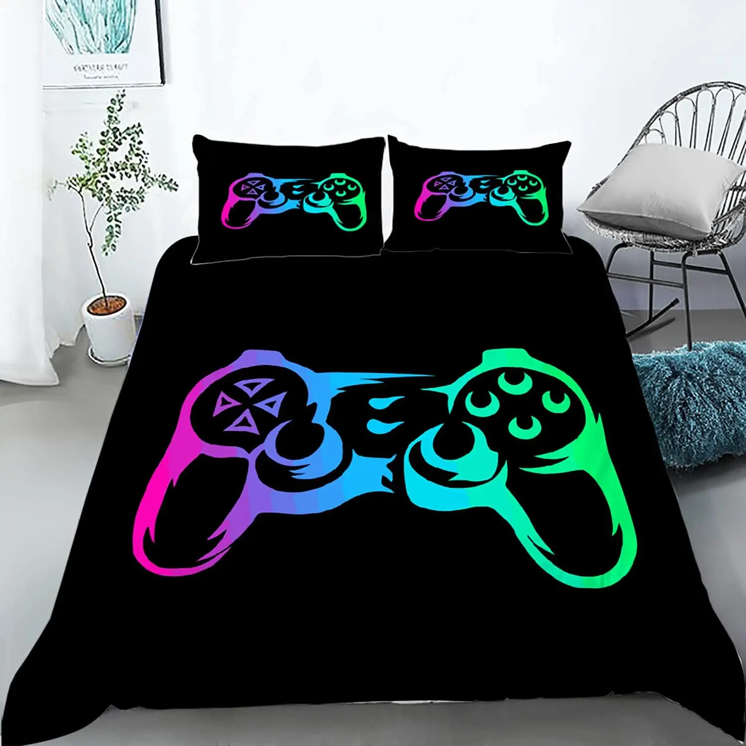 

Queen Size Gamer Duvet Cover Set Video Games Comforter Gamepad Motif Bedding for Kids Boys Modern Decor for Game Room