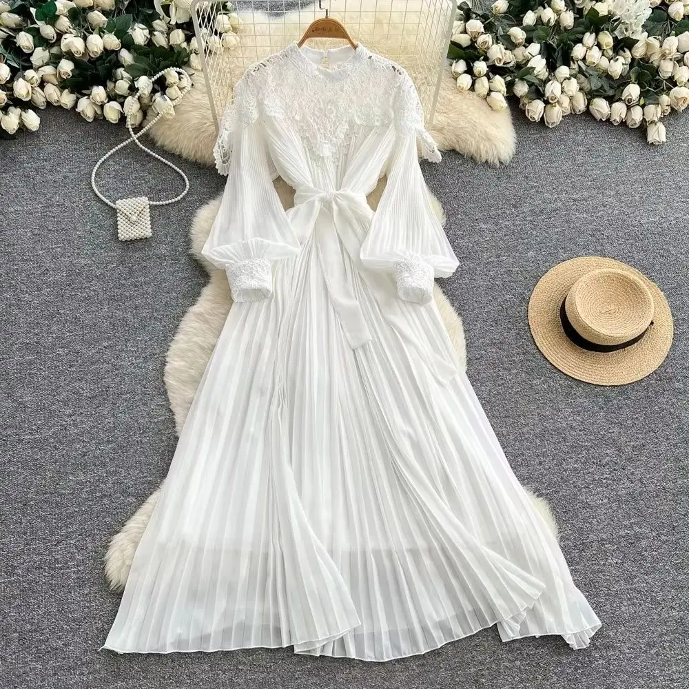 

Women's Crystal Long Sleeve Chiffon Dress Luxury Embroidery Patchwork Loose A-Line Formal Evening Party Vestido