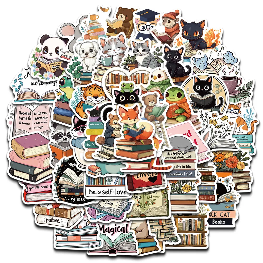 50PCS Animal Reading Stickers Notebook Cafe Aesthetic For Laptop Luggage PVC Home Decorative Cafe Waterproof DIY Sticker ﻿