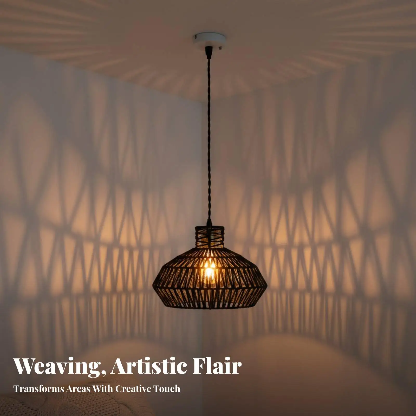 Natural Woven Paper Rope Pendant Light Shade Handmade Ceiling Lamp Cover Rustic Hanging Lampshade for Kitchen Dining Room Boho